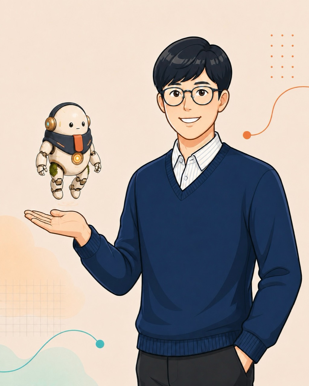 배계장의 손 위에 떠서 배계장을 바라보는 JABI, jabistudio AI 내부강사 프로필